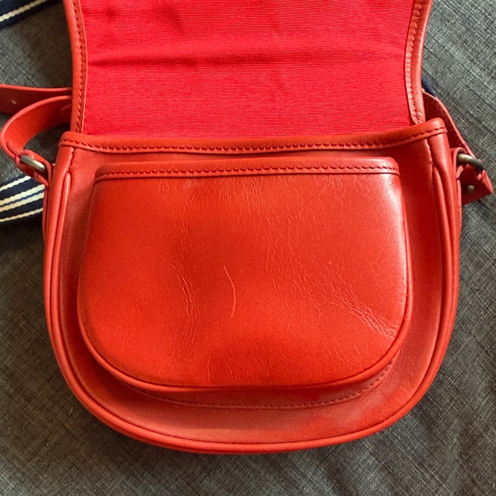 Rugby Ralph Lauren Leather Red Saddle Bag with Blue and White Striped Strap - Picture 9 of 10